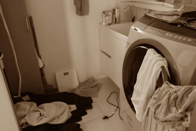 散らかった部屋、洗濯機周り