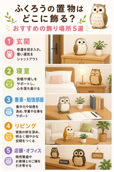 ふくろうの置物を飾るおすすめの場所5選を紹介する図解。玄関・寝室・書斎・リビング・店舗に置いたイメージと、それぞれの意味