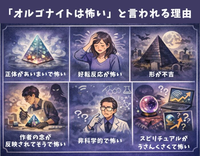 「オルゴナイトは怖い」と言われる理由。正体があいまいで怖い、好転反応が怖い、形が不吉、作者の念が反映されてそうで怖い、非科学的で怖い、スピリチュアルがうさんくさくて怖い