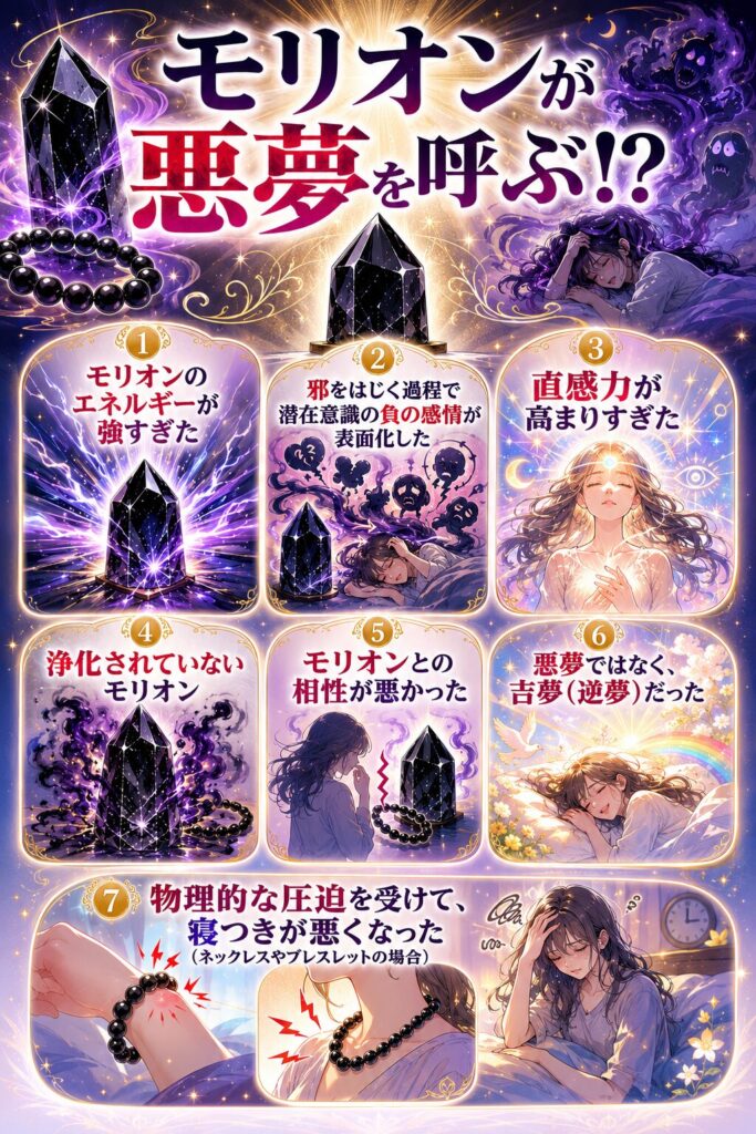 モリオンが悪夢を呼ぶ?と言われる理由。モリオンのエネルギーが強すぎた、邪をはじく過程で潜在意識のネガティブな感情が表面化した、直観力が高まりすぎた、浄化されていないモリオン、モリオンとの相性が悪かった、悪夢ではなく、吉夢(逆夢)だった、物理的な圧迫で寝つきが悪くなった(ネックレスやブレスレットの場合)